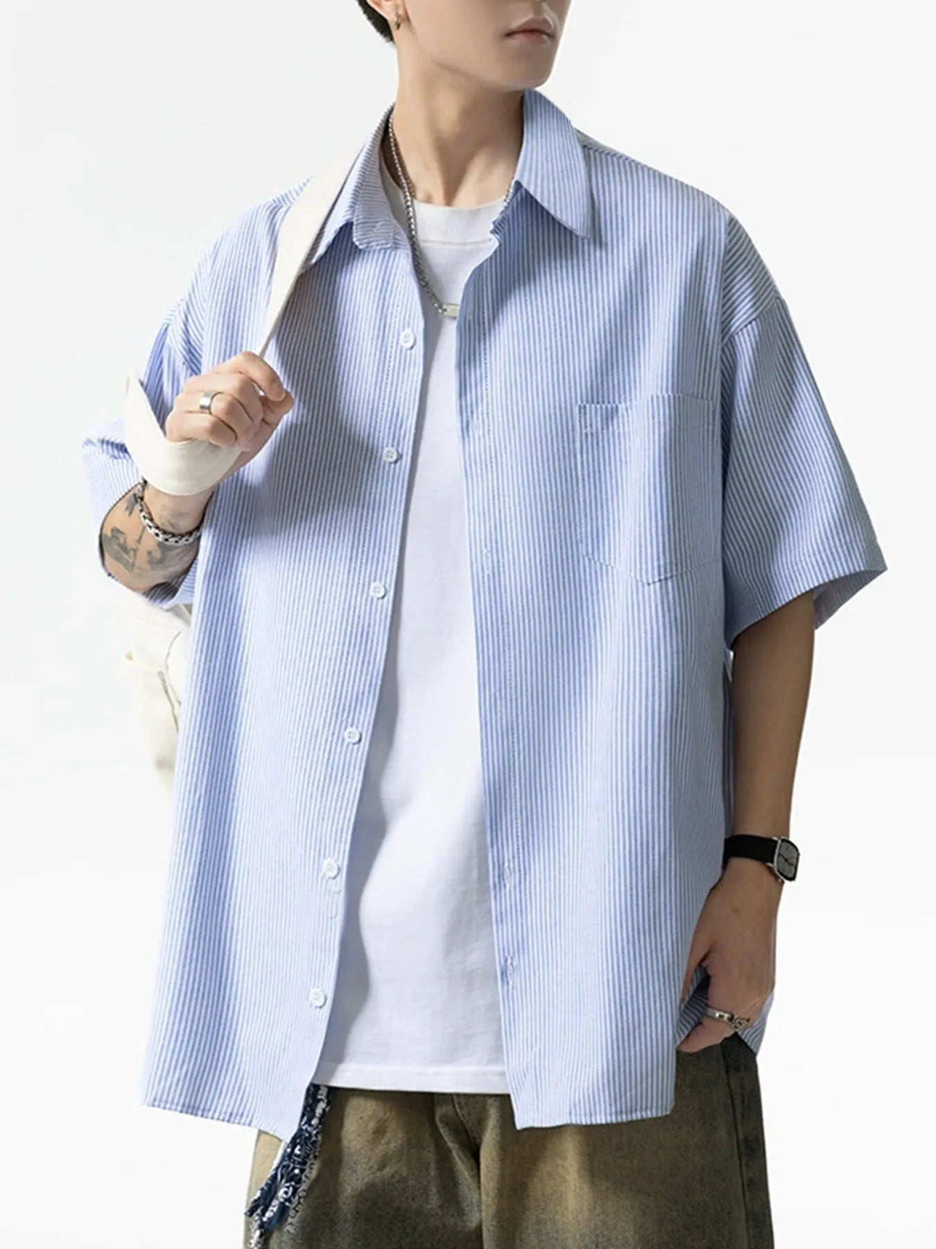 Striped shirt men's loose retro trend in spring and autumn